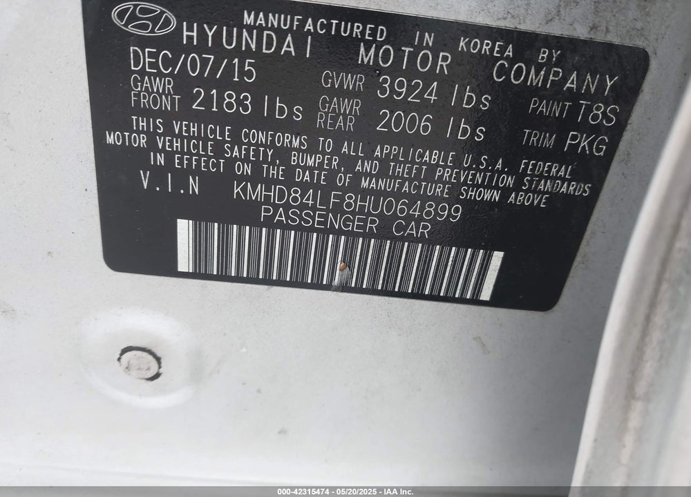 2017 HYUNDAI ELANTRA VIN: KMHD84LF8HU064899