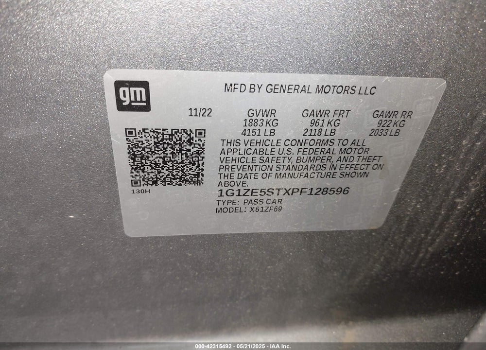 2023 CHEVROLET MALIBU VIN: 1G1ZE5STXPF128596