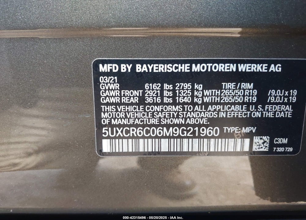 2021 BMW X5 XDRIVE40I VIN: 5UXCR6C06M9G21960
