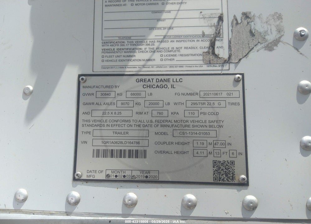 2020 GREAT DANE TRAILERS --- VIN: 1GR1A0628LD164786