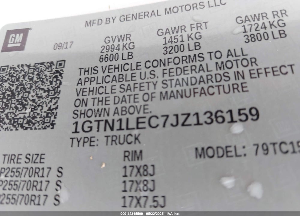 2018 GMC SIERRA 1500 VIN: 1GTN1LEC7JZ136159