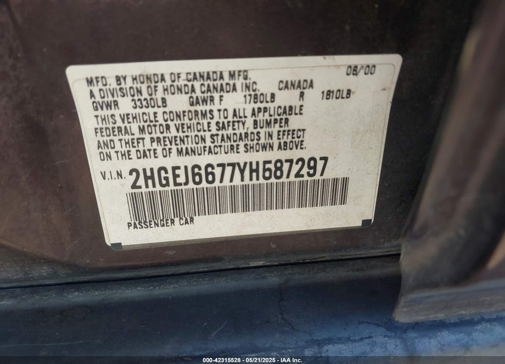 2000 HONDA CIVIC LX VIN: 2HGEJ6677YH587297