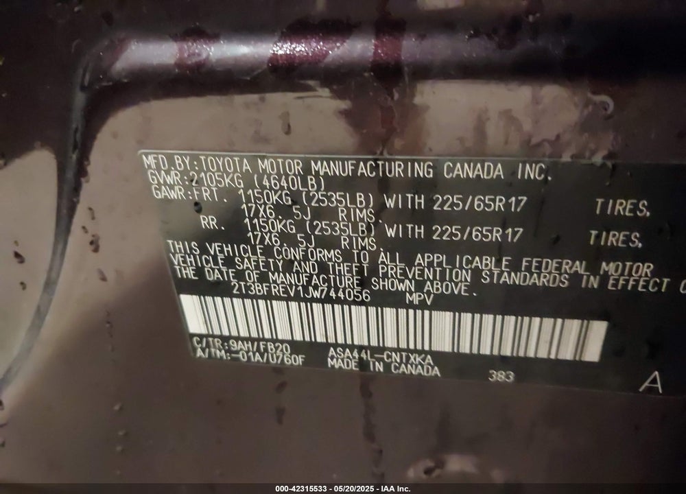 2018 TOYOTA RAV4 LE VIN: 2T3BFREV1JW744056