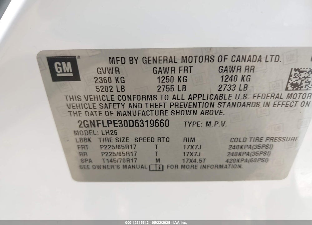 2013 CHEVROLET EQUINOX VIN: 2GNFLPE30D6319660
