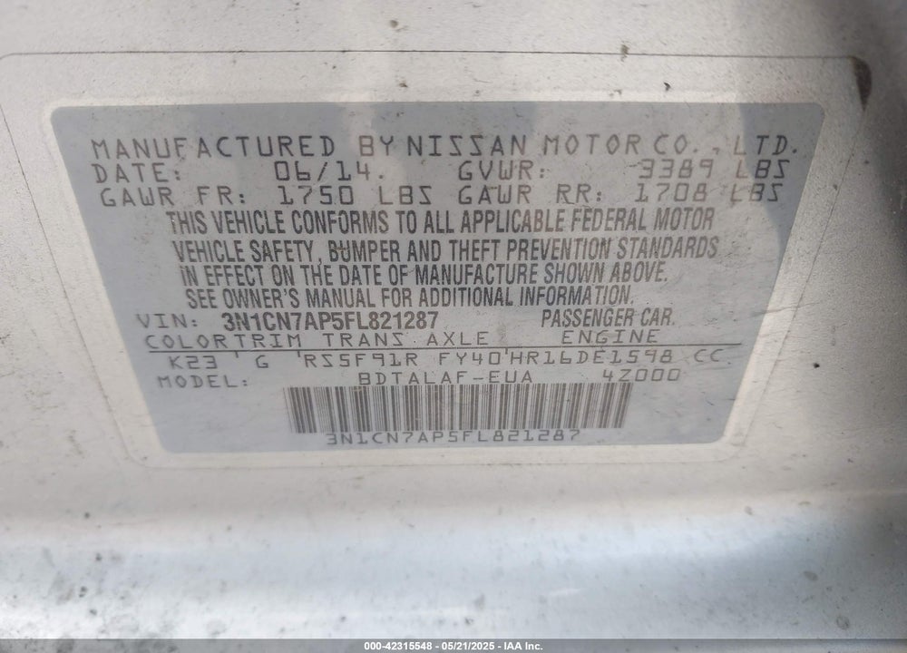 2015 NISSAN VERSA 1.6 S+ VIN: 3N1CN7AP5FL821287