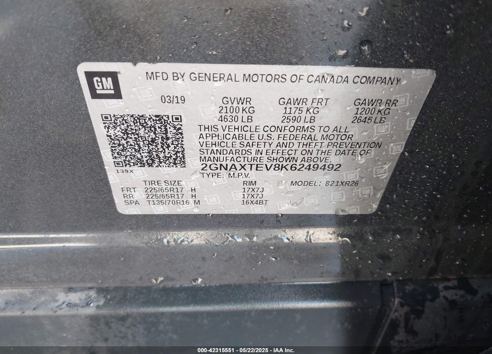 2019 CHEVROLET EQUINOX VIN: 2GNAXTEV8K6249492