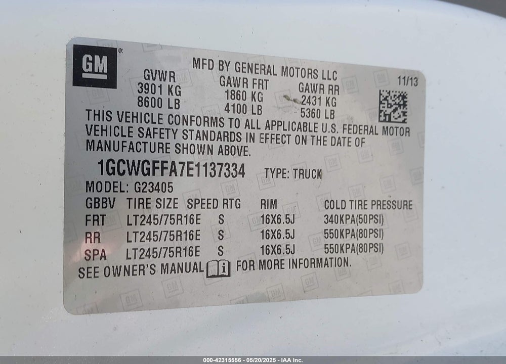 2014 CHEVROLET EXPRESS 2500 WORK VAN VIN: 1GCWGFFA7E1137334