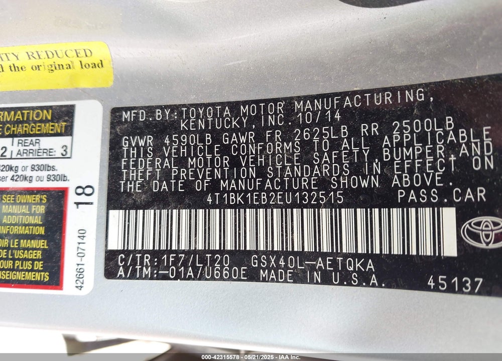 2014 TOYOTA AVALON VIN: 4T1BK1EB2EU132515