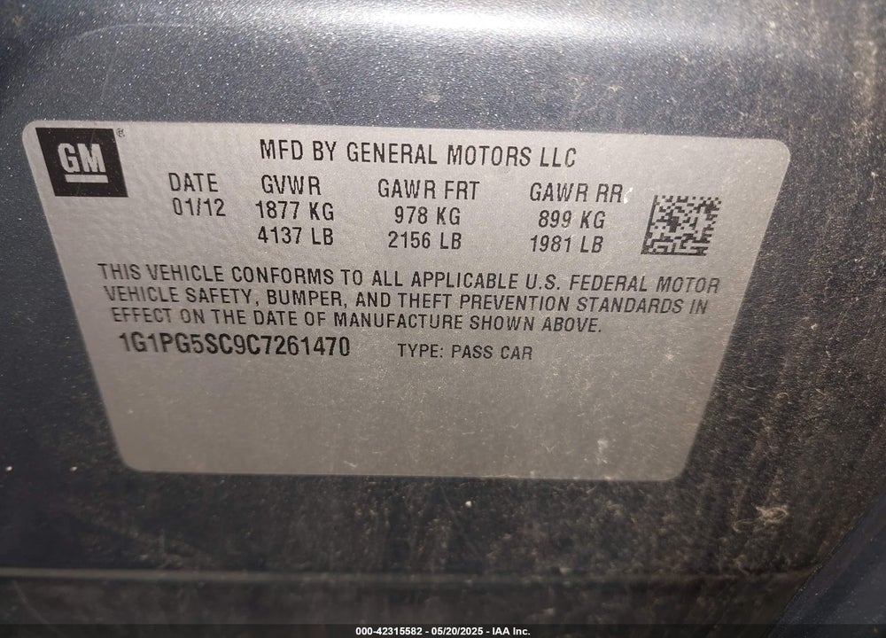 2012 CHEVROLET CRUZE VIN: 1G1PG5SC9C7261470