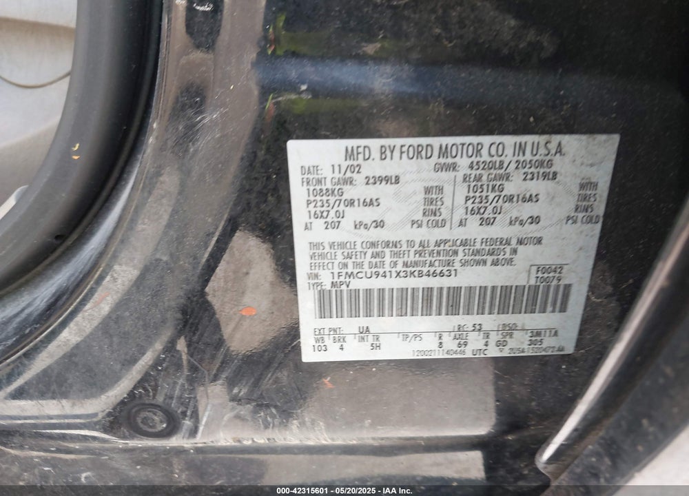 2003 FORD ESCAPE LIMITED VIN: 1FMCU941X3KB46631