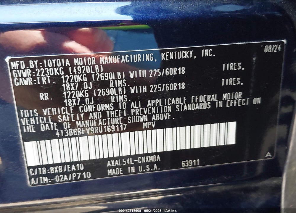 2024 TOYOTA RAV4 HYBRID VIN: 4T3B6RFV9RU169117