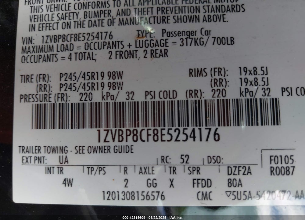 2014 FORD MUSTANG VIN: 1ZVBP8CF8E5254176