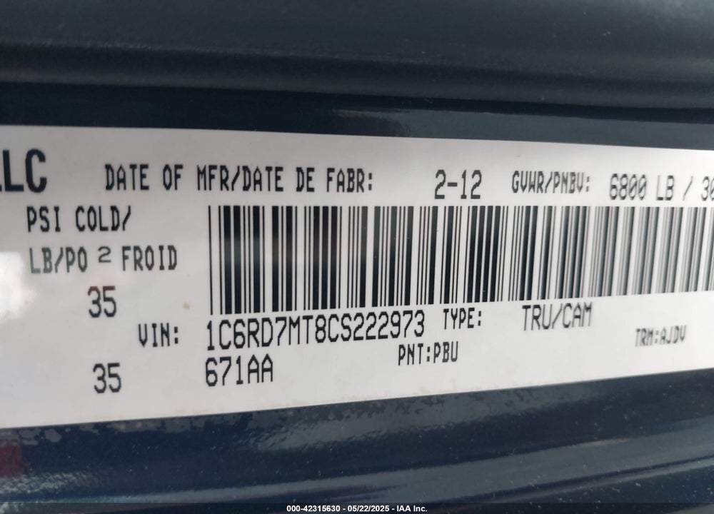 2012 DODGE RAM 1500 SPORT VIN: 1C6RD7MT8CS222973
