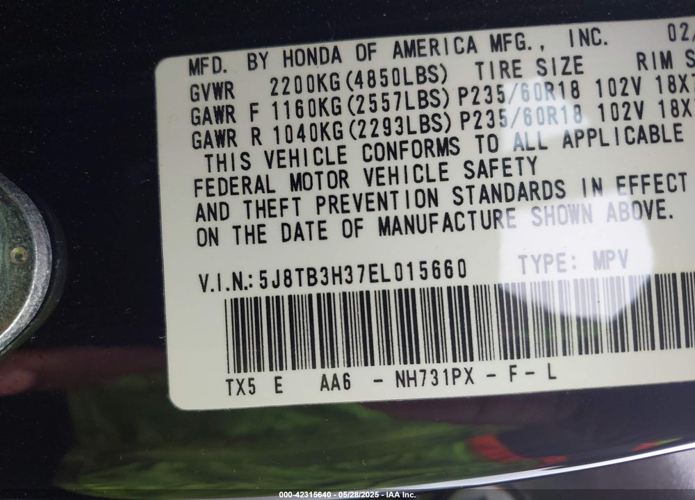 2014 ACURA RDX VIN: 5J8TB3H37EL015660