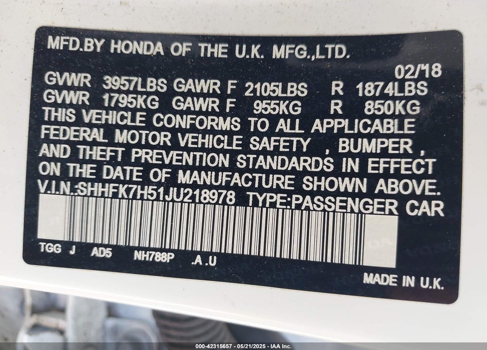 2018 HONDA CIVIC VIN: SHHFK7H51JU218978