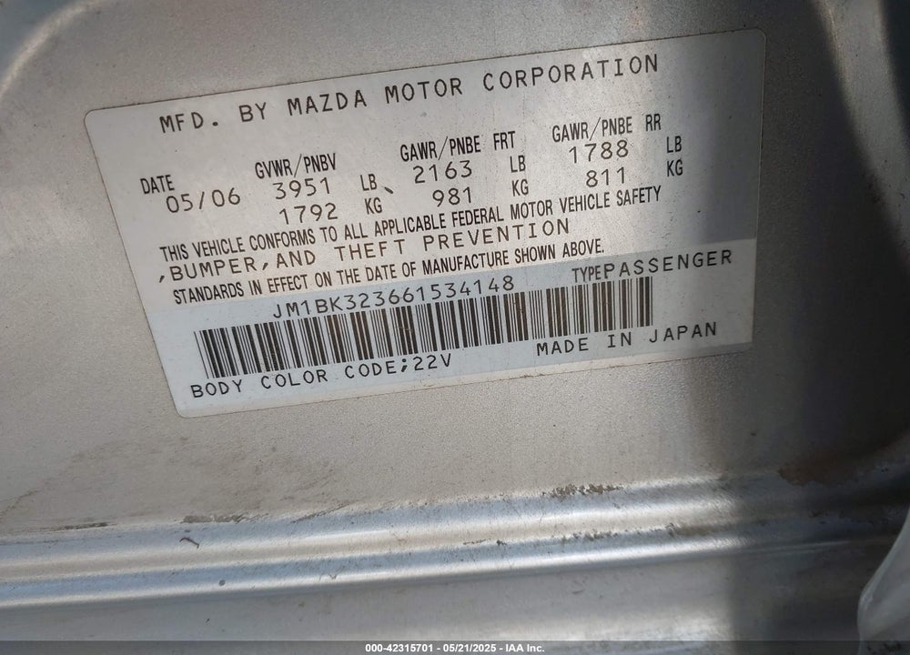 2006 MAZDA 3 VIN: JM1BK323661534148