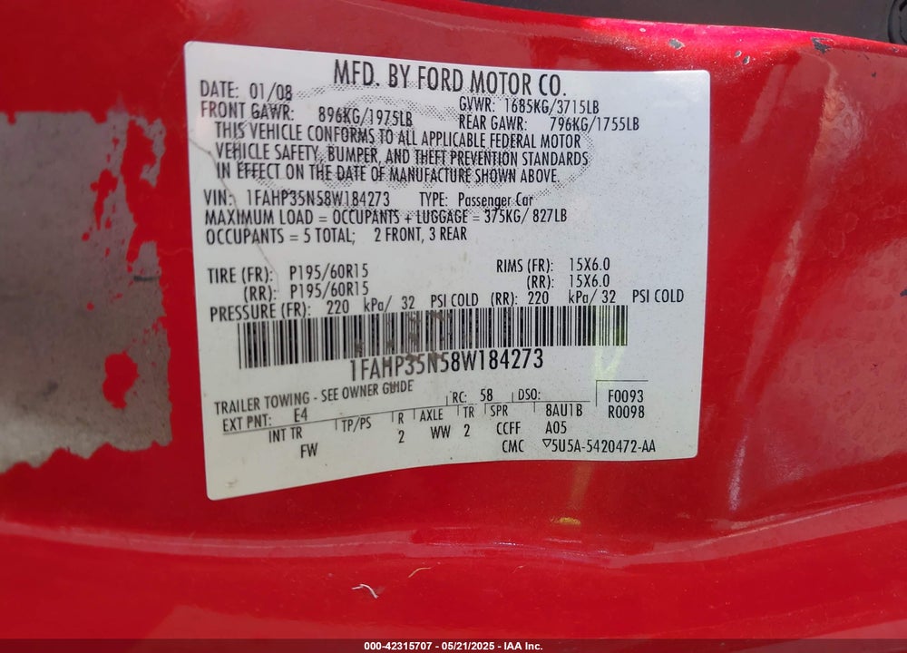2008 FORD FOCUS VIN: 1FAHP35N58W184273