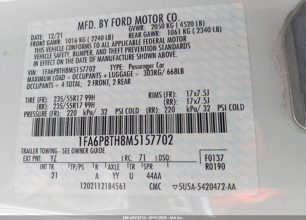 2021 FORD MUSTANG VIN: 1FA6P8TH8M5157702