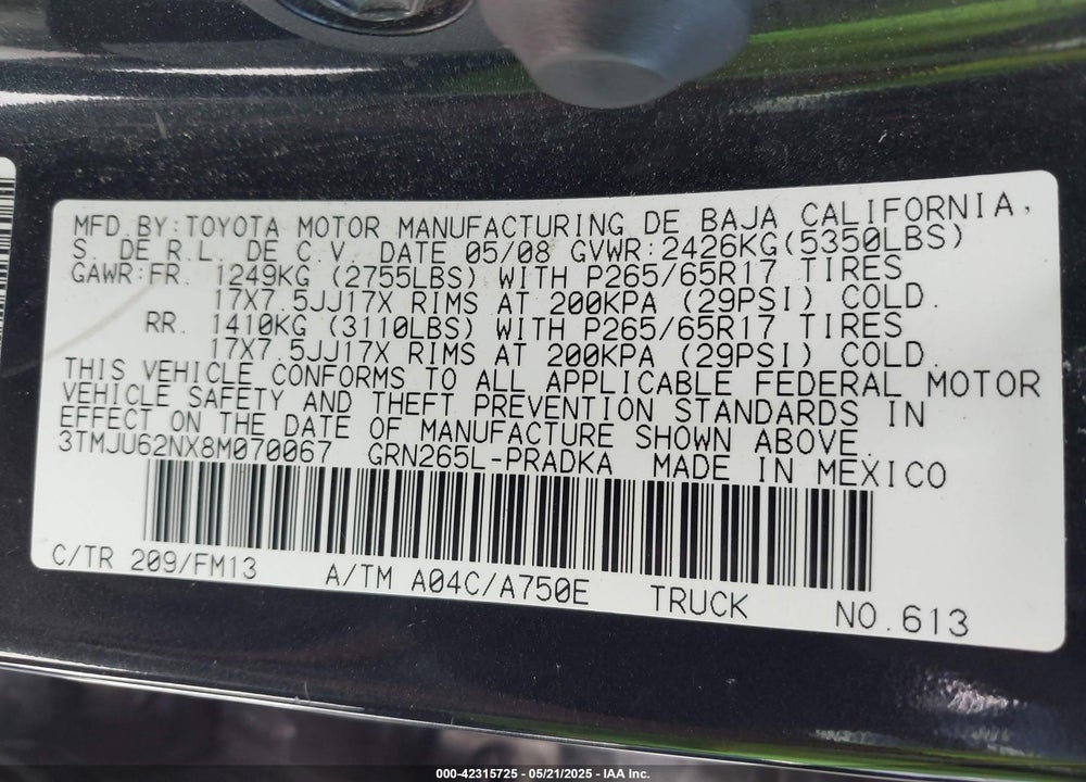2008 TOYOTA TACOMA PRERUNNER V6 VIN: 3TMJU62NX8M070067