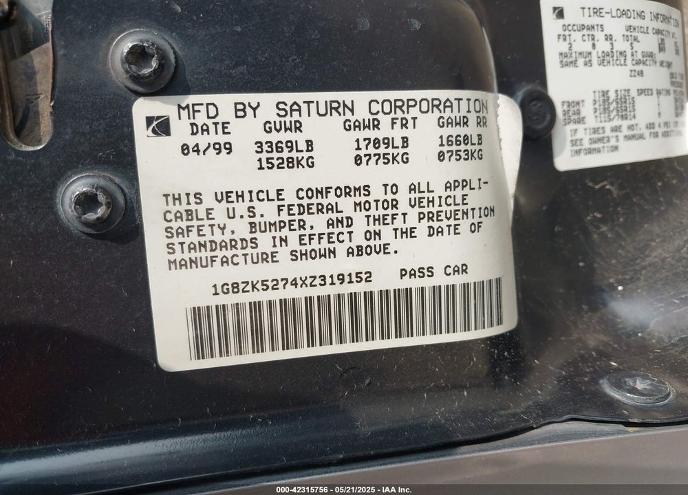 1999 SATURN SL2 VIN: 1G8ZK5274XZ319152