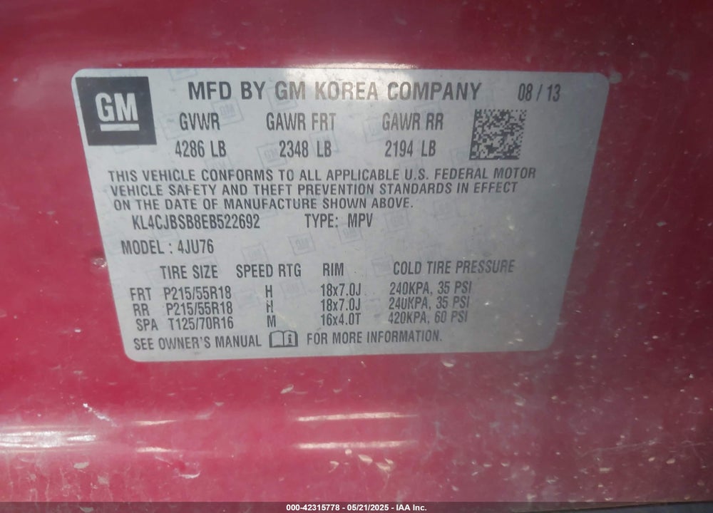 2014 BUICK ENCORE VIN: KL4CJBSB8EB522692