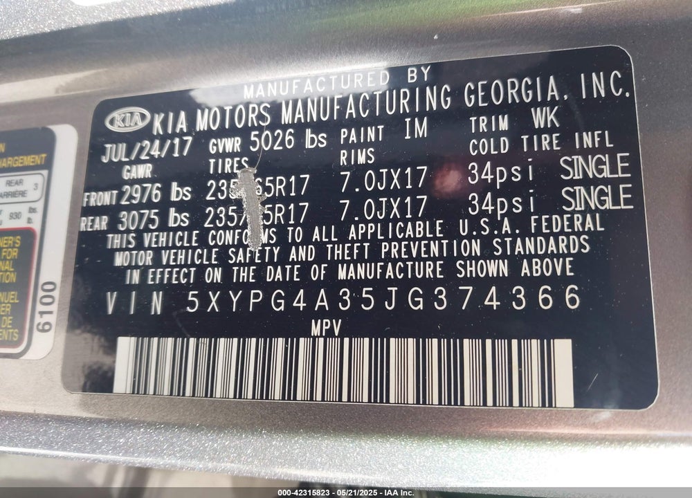 2018 KIA SORENTO 2.4L L VIN: 5XYPG4A35JG374366