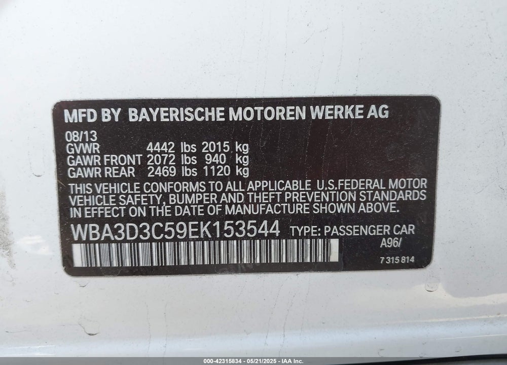2014 BMW 328D VIN: WBA3D3C59EK153544