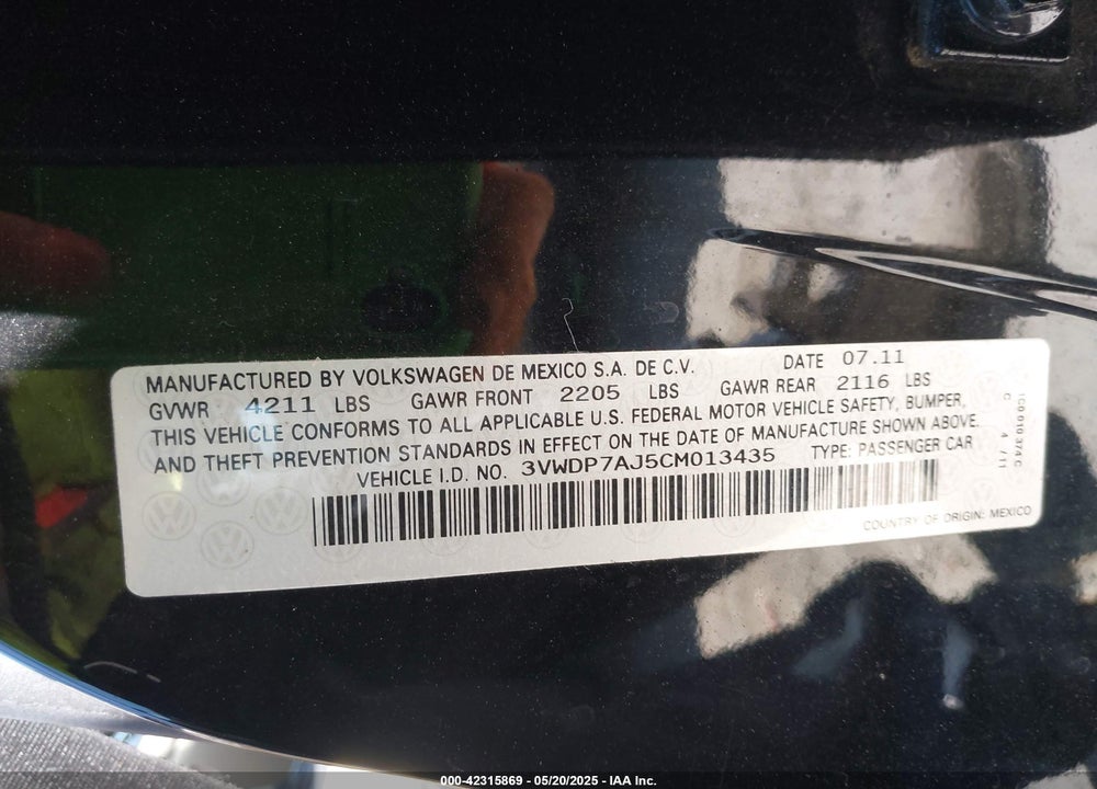 2012 VOLKSWAGEN JETTA 2.5L SE VIN: 3VWDP7AJ5CM013435