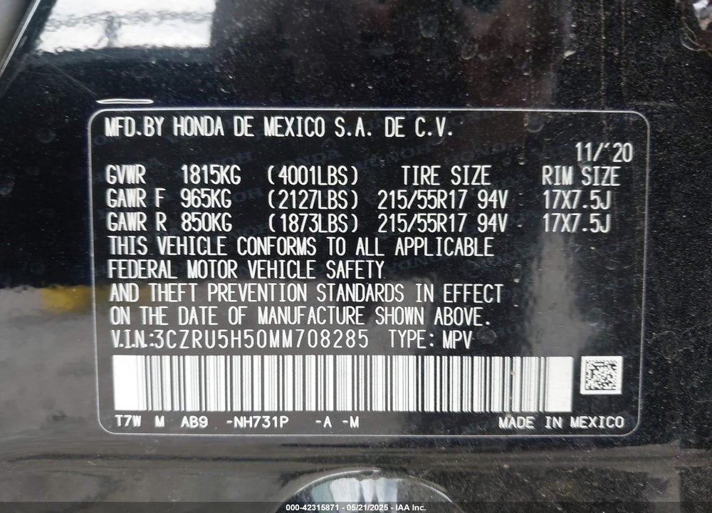 2021 HONDA HR-V VIN: 3CZRU5H50MM708285