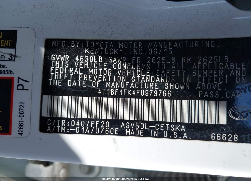 2015 TOYOTA CAMRY SE VIN: 4T1BF1FK4FU979766