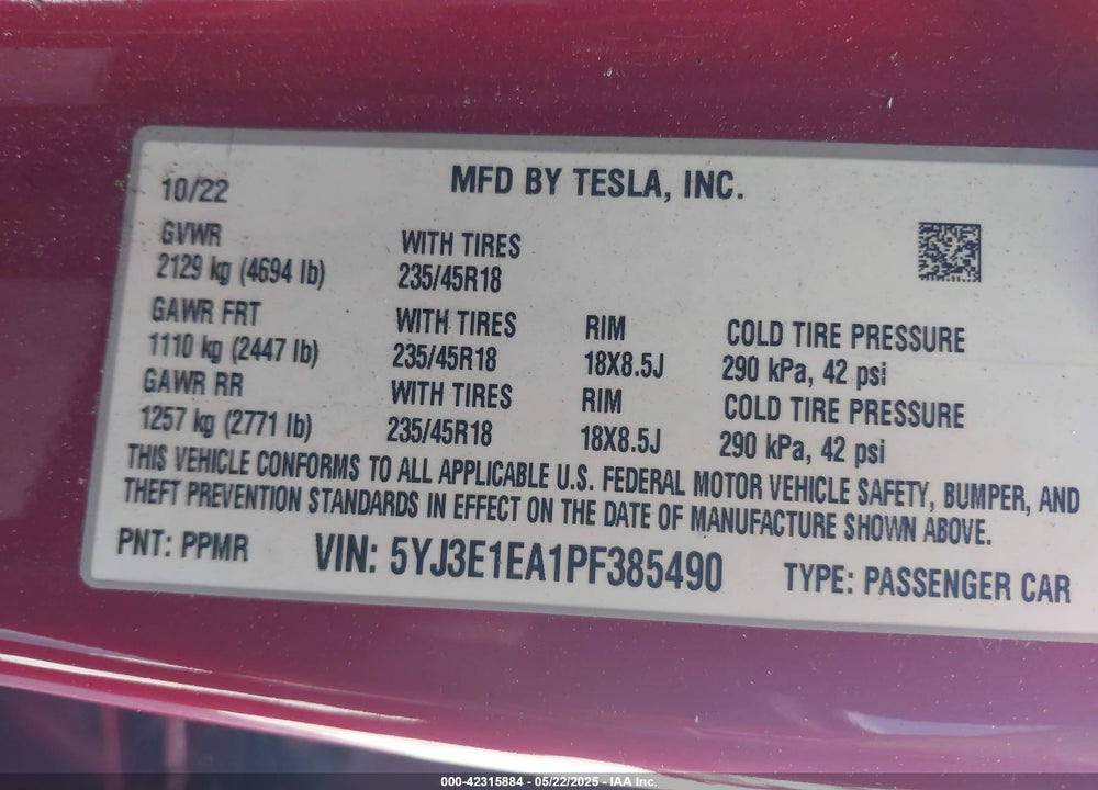 2023 TESLA MODEL 3 VIN: 5YJ3E1EA1PF385490