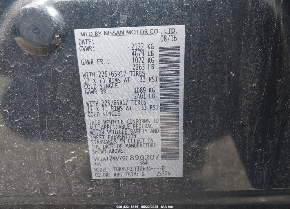 2016 NISSAN ROGUE VIN: 5N1AT2MV7GC890207