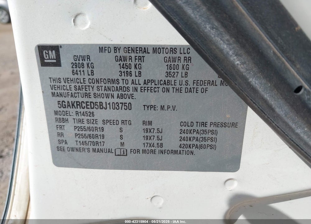 2011 BUICK ENCLAVE 2XL VIN: 5GAKRCED5BJ103750
