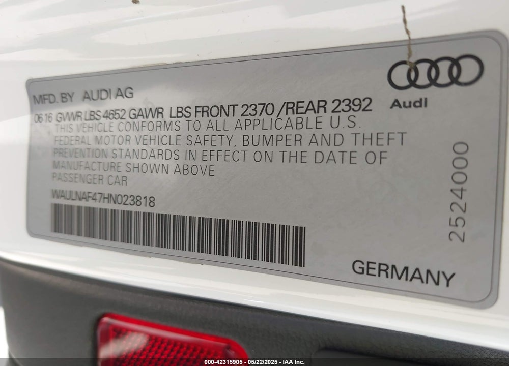 2017 AUDI A4 2.0T PREMIUM VIN: WAULNAF47HN023818