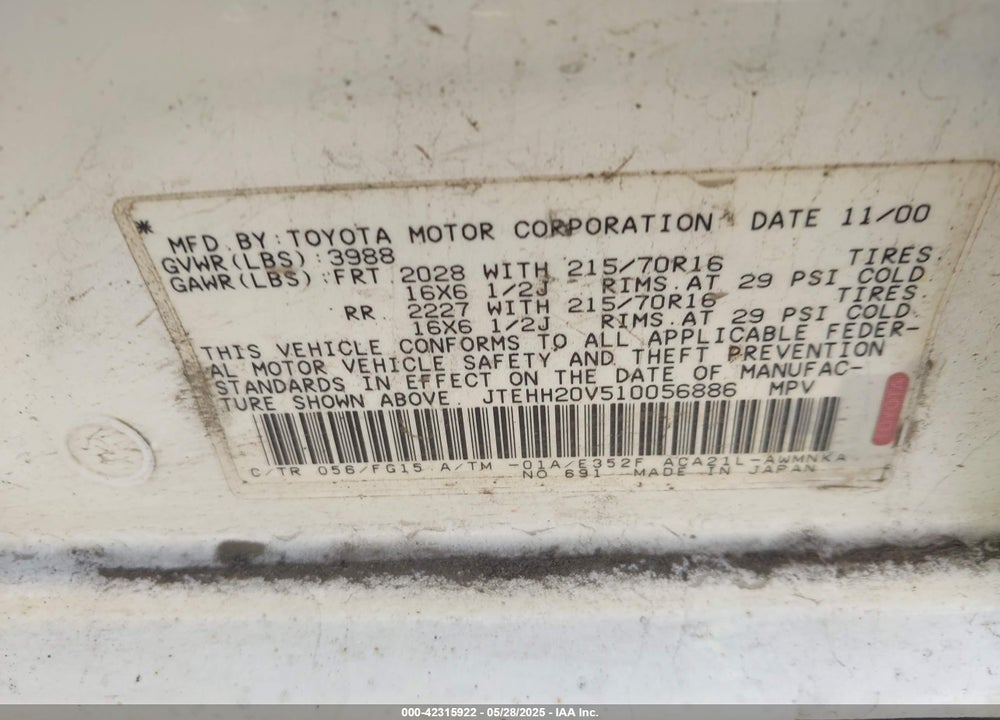 2001 TOYOTA RAV4 VIN: JTEHH20V510056886