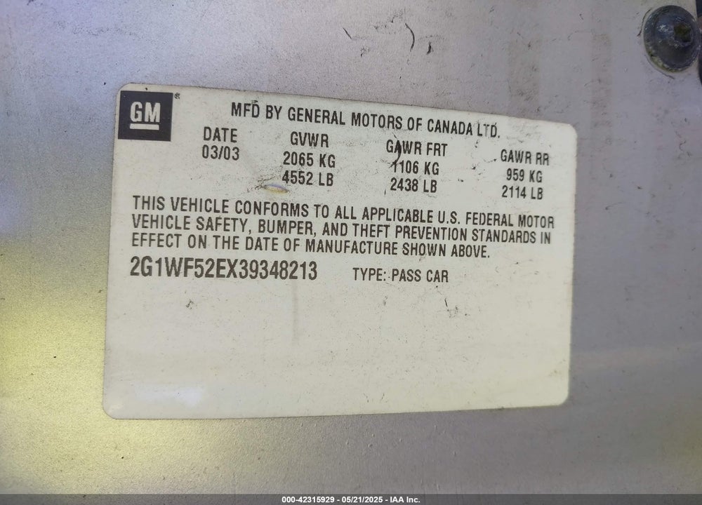 2003 CHEVROLET IMPALA VIN: 2G1WF52EX39348213