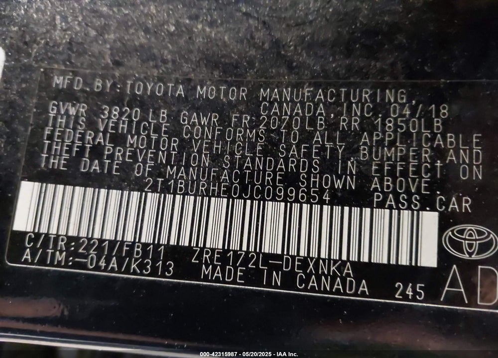 2018 TOYOTA COROLLA VIN: 2T1BURHE0JC099654