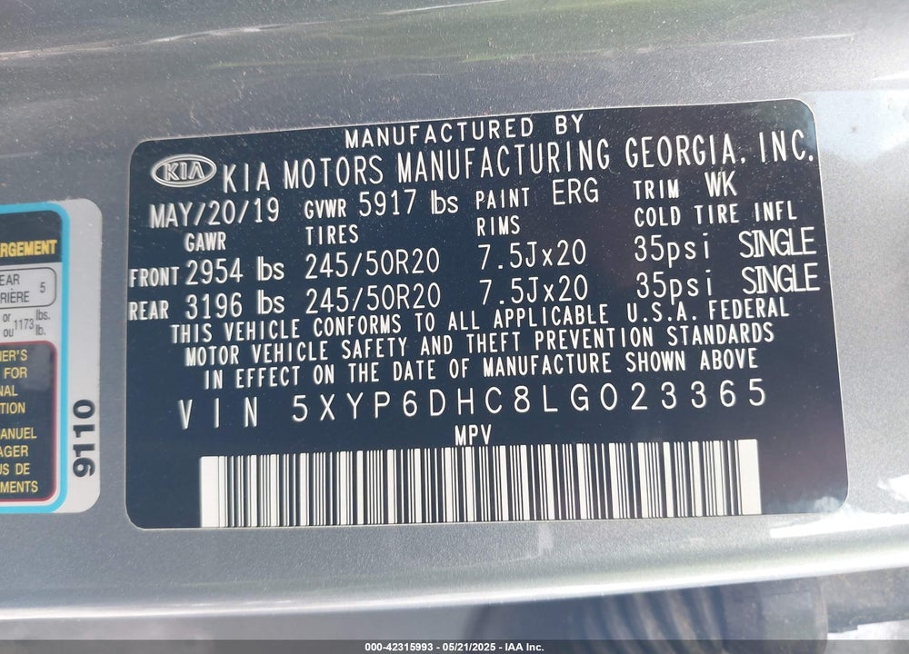 2020 KIA TELLURIDE VIN: 5XYP6DHC8LG023365