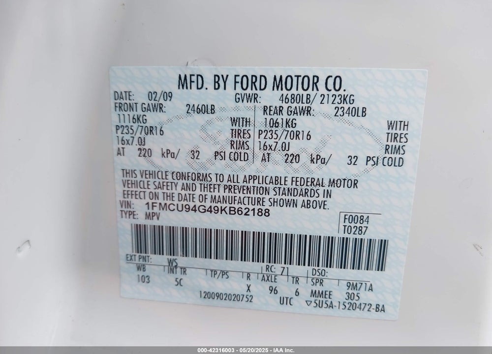 2009 FORD ESCAPE LIMITED VIN: 1FMCU94G49KB62188