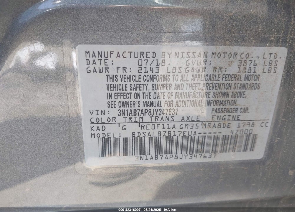2018 NISSAN SENTRA VIN: 3N1AB7AP8JY347637