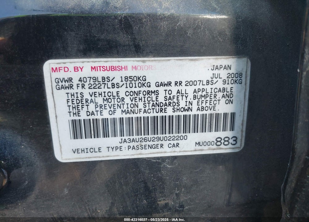 2009 MITSUBISHI LANCER ES/ES SPORT VIN: JA3AU26U29U022200
