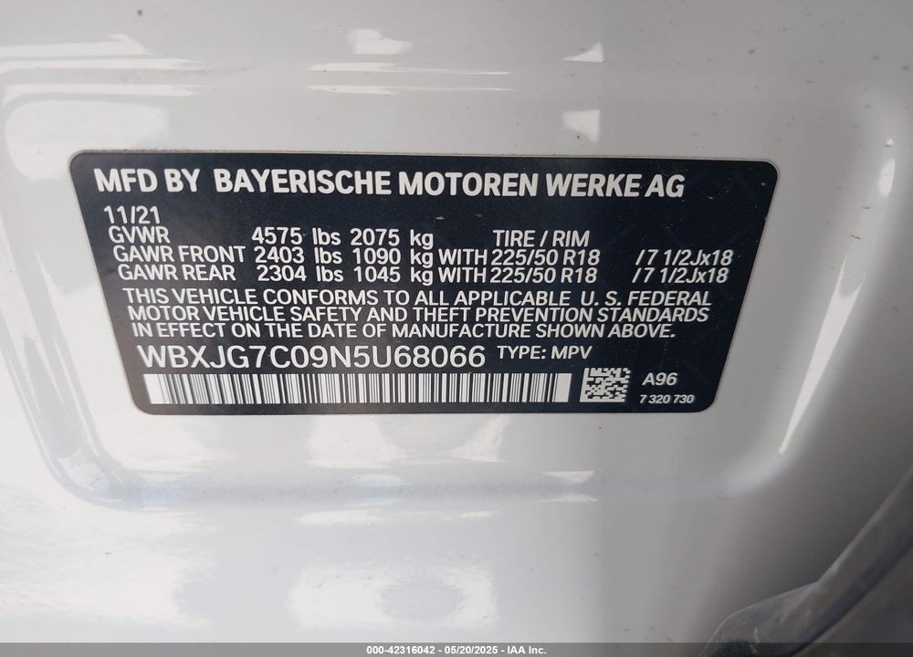 2022 BMW X1 VIN: WBXJG7C09N5U68066