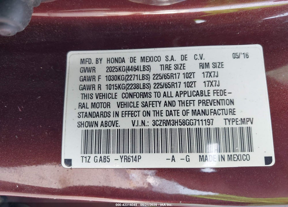 2016 HONDA CR-V EX VIN: 3CZRM3H58GG711197
