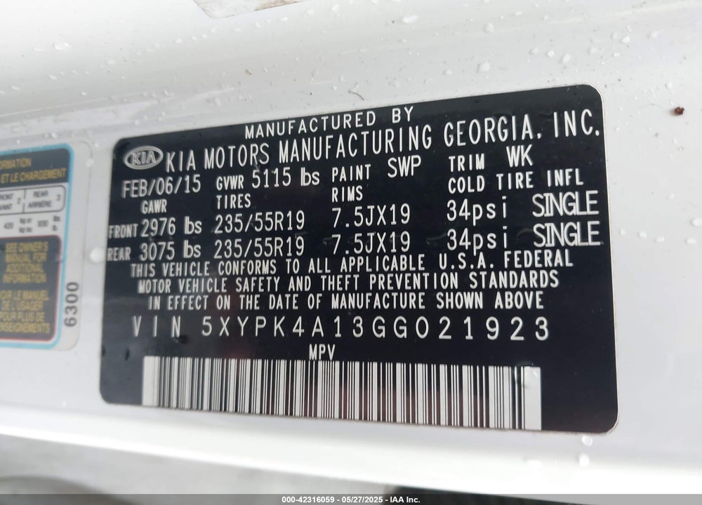 2016 KIA SORENTO VIN: 5XYPK4A13GG021923