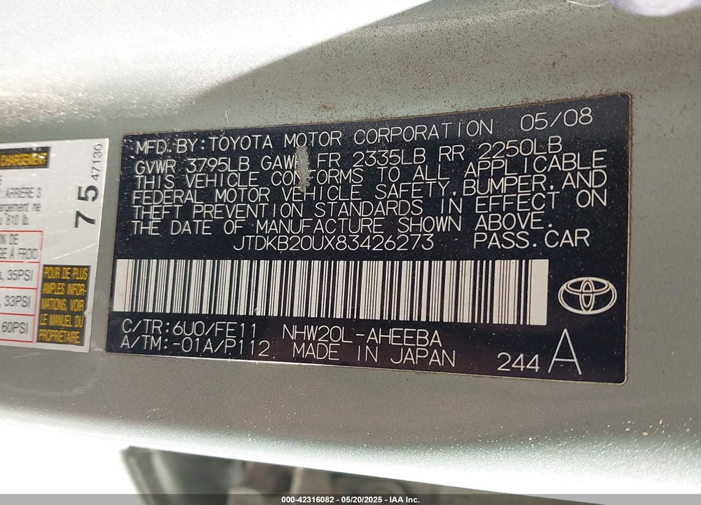 2008 TOYOTA PRIUS VIN: JTDKB20UX83426273