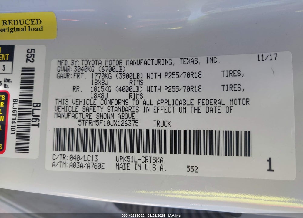 2018 TOYOTA TUNDRA VIN: 5TFRM5F10JX126375
