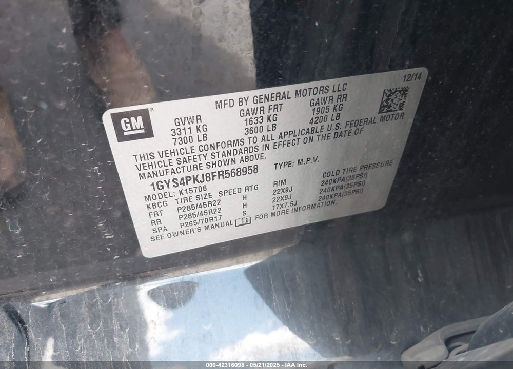 2015 CADILLAC ESCALADE PLATINUM VIN: 1GYS4PKJ8FR568958