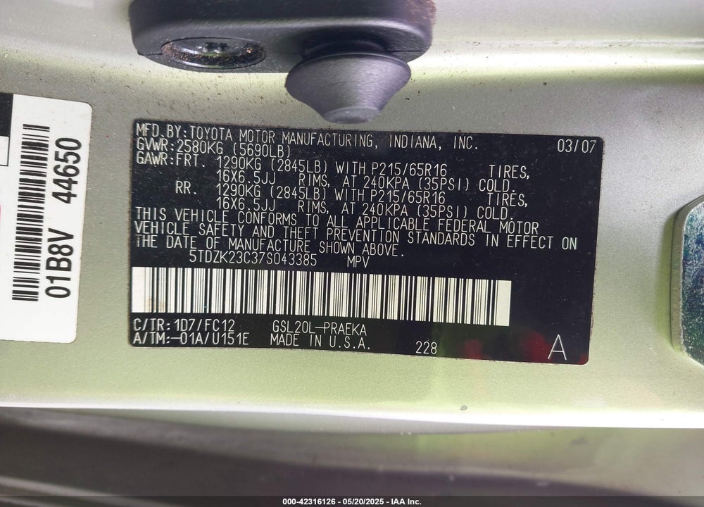 2007 TOYOTA SIENNA CE/LE VIN: 5TDZK23C37S043385