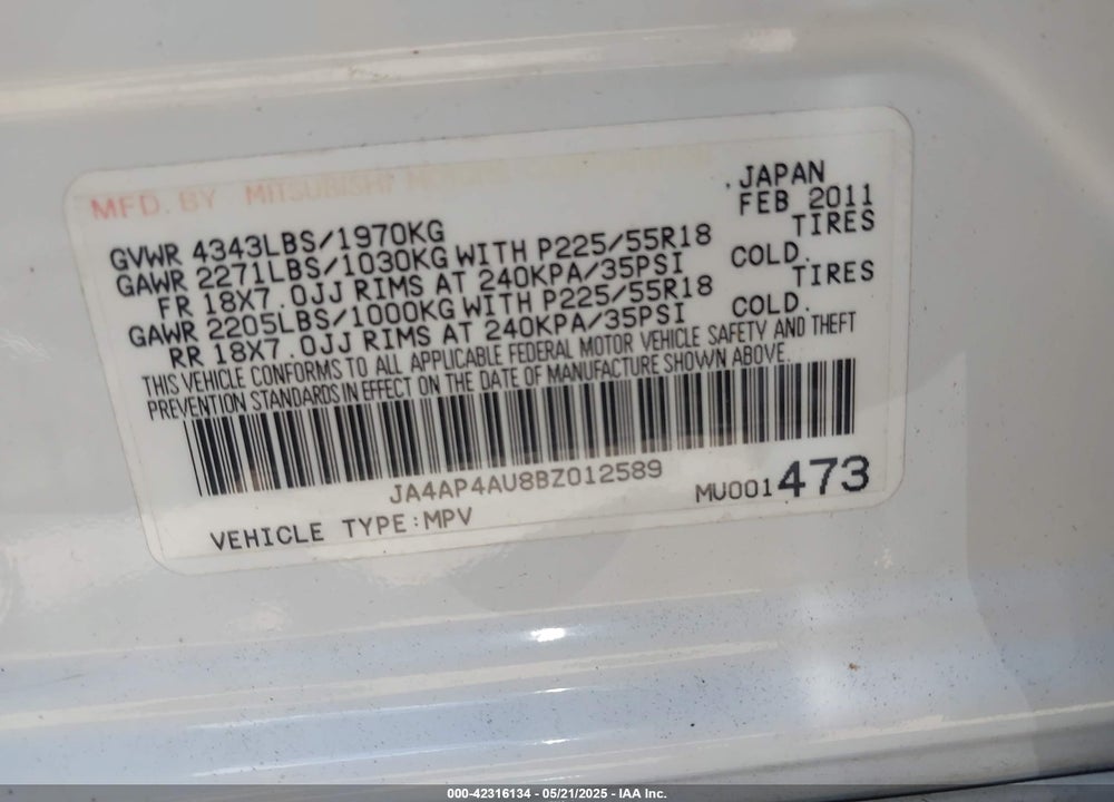 2011 MITSUBISHI OUTLANDER SPORT SE VIN: JA4AP4AU8BZ012589