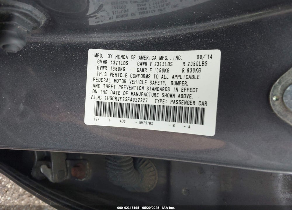 2015 HONDA ACCORD VIN: 1HGCR2F75FA022227